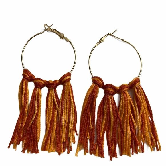 Tassel Hoop Earrings Orange Yellow Statement Fashion Earrings Boho Fringe Large - Picture 2 of 6